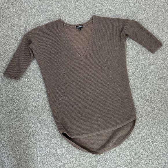 Express Deep V Neck Metallic Thread Tunic Sweater Taupe Brown Copper Small - Picture 12 of 12